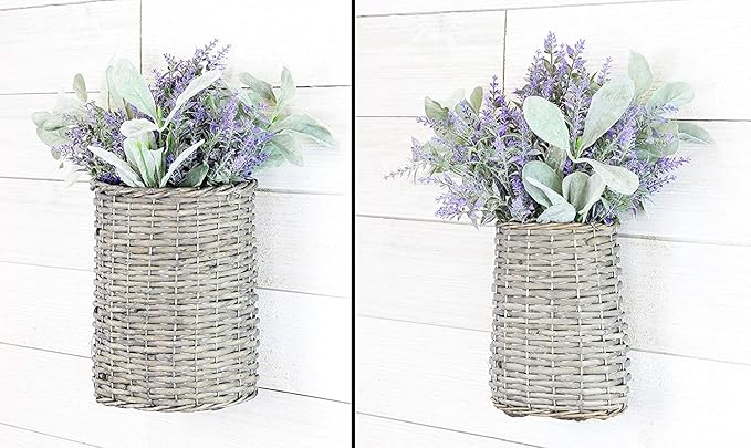 AuldHome Design Wall Hanging Baskets (Set of 2, Gray); Woven Wicker Rustic Farmhouse Gray Washed Door Baskets, Small and Medium Size