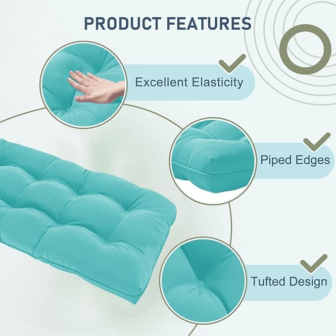 downluxe Outdoor Bench Cushion for Patio Furniture, Water Resistant Tufted Overstuffed Porch Swing Cushions, Thick Outdoor Loveseat Cushions, 44" X 19" X 5", Teal, Set of 1