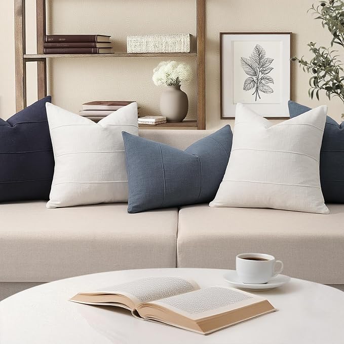 Decorative Linen Throw Pillow Covers 20x20 Set of 2 Solid handcrafted Striped Cushion Covers for Bed Soft Modern Farmhouse Neutral Pillowcase for Couch Bedroom Living Room Home Decor(Cream White)