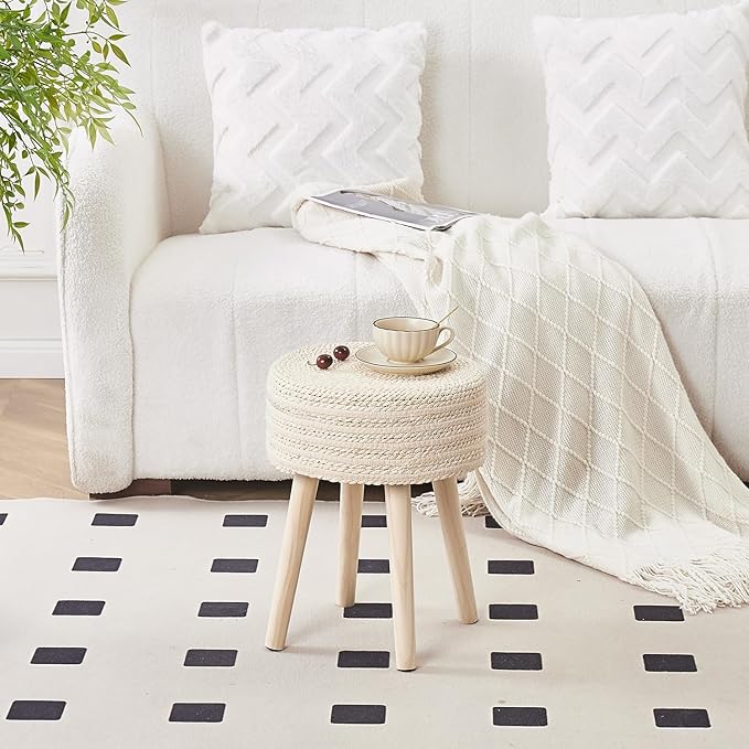Cpintltr Round Ottoman Footstool Natural Seagrass Foot Stool Pouf Ottomans with Solid Wood Legs Hand Weave Hyacinth Footrest Step Stool for Living Room Balcony Garden Natural & Beige