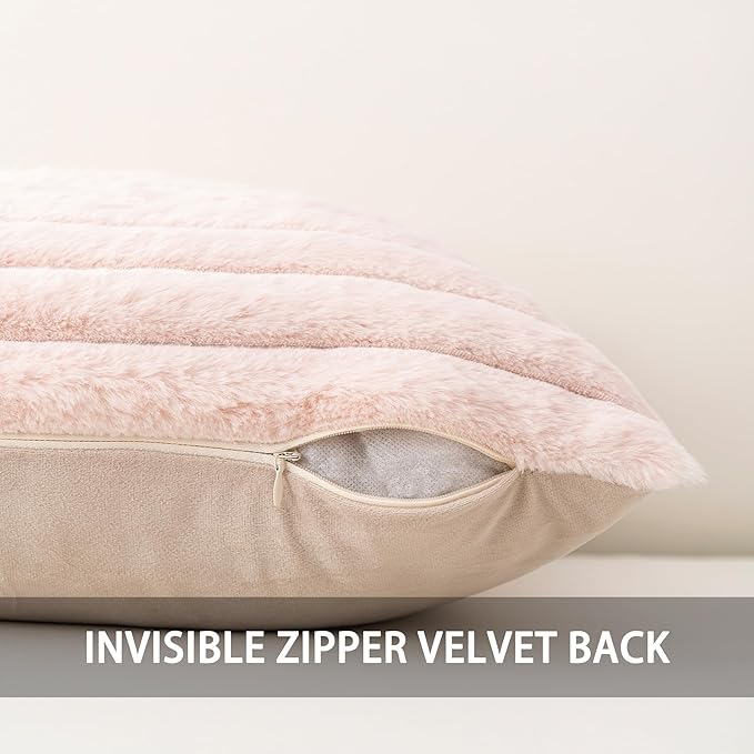 Pack of 2 Faux Fur Christmas Throw Pillow Covers 20x20 Inch, Soft Plush Striped Neutral Couch Pillow Cover, with Velvet Back Modern Home Decor for Sofa Living Room Couch Bed Light Pink