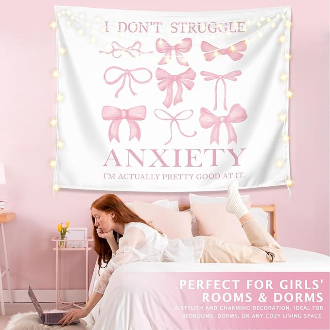 LIANGW Coquette Mental Health Pink Bow Tapestry Wall Hanging, Coquette Preppy Room Decor, Pink Girly Aesthetic Wall Blanket Decor for Girls Room Dorm Apartment, 50x60 Inch