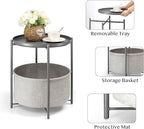 danpinera Round Side Table with Fabric Storage Basket, Metal Side Table Small Bedside Table Nightstand with Removable Tray Top for Living Room, Bedroom, Nursery, Laundry, Gray