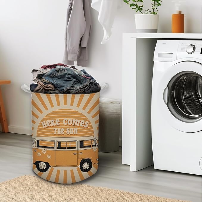 Here Comes the Sun Laundry Basket, 70s Retro Boho Sunshine Waterproof Collapsible Laundry Hamper Dirty Clothes Storage Toy Bin Organizer for Bathroom Bedroom Nursery Kids Room