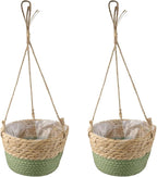MY MIRONEY 2PCS Hanging Planter Basket Natural Seagrass Woven Plant Pot Hanger Hanging Plant Holder with Twine for Home Decor, Indoor & Outdoor Use, 8.11" x 4.96", Green