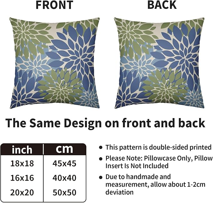 Blue Green Pillow Covers 20X20 Inch Set of 2, Spring Summer Floral Dahlia Flower Cream Decorative Throw Pillow Covers Outdoor Modern Farmhouse Cushion Case for Home Couch Sofa Bed Decor