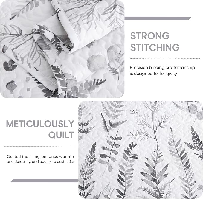 JSD Grey White Floral Quilt Set King Size, 3 Piece Printed Bedspreads Coverlet with Pillow Sham, Soft Microfiber Quilted Blanket