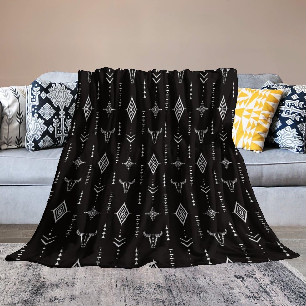 Aztec Tribal Blanket,Boho Bull Skull Vintage Rustic Southwest Navajo Primitive Nation Black Cow Head Totem Black Cat Blanket for Couch Sofa Bed Decorative Gifts 30x40 - color: Blanket-25, size: 30"x40"