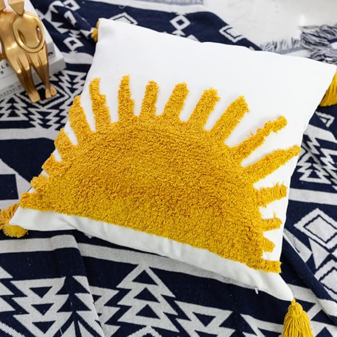 Golden Yellow Sun Woven Tufted Throw Pillow Cover,Boho Ethinc Cozy Cushion Cover for Bedroom Living Room Couch,Regalo para Navidad,18x18 Inches