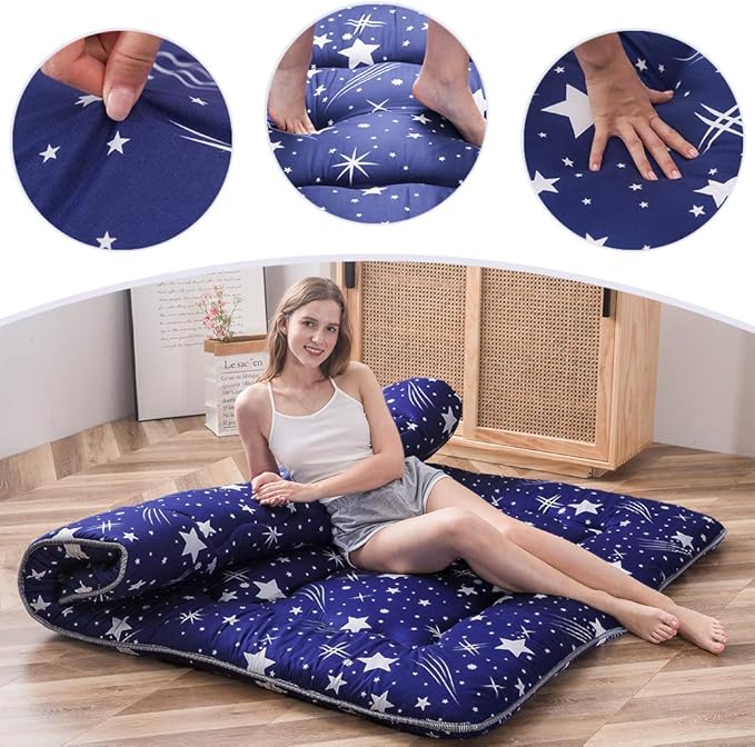 MAXYOYO Navy Starry Sky Japanese Futon Mattress, Tatami Floor Mat, Portable Camping Sleeping Pad, Foldable Roll Up Lounger Bed Full Size with Mattress Protector Cover