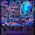 Lahasbja Blacklight Bookshelf Tapestry UV Reactive Magical Library Wall Hanging Fantasy Fairy Mushroom Forest Wall Tapestries Plants Bookcase Background for Bedroom