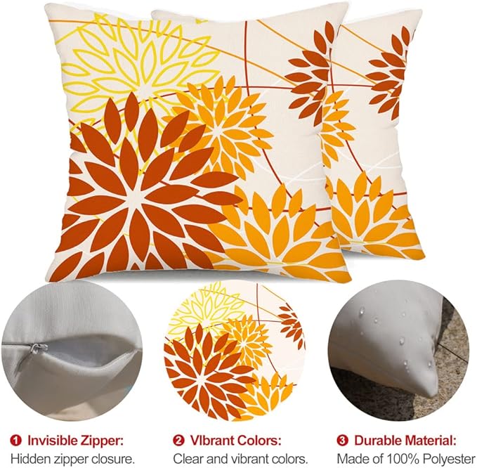 DFXSZ Brown Yellow Fall Pillow Cover 18X18 Inch Set of 2 Outdoor Waterproof Floral Brown Decorative Pillowcase Decor for Couch Patio Funiture Garden Print Polyester Cushion Cover 01M18