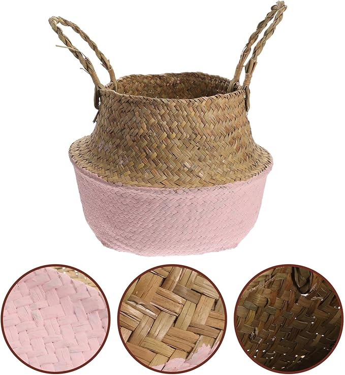 HANABASS Woven Seagrass Flower Basket with Handle 27cm Diameter Foldable Plant Pot Indoor Garden Decor Boho Style Patio Planter