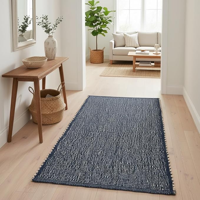 Navy 2X6 Jute Rug Braided Construction - Farmhouse Woven Carpet - Nautical Floor Covering for Hallways and Kitchen, Runner 2' x 6'
