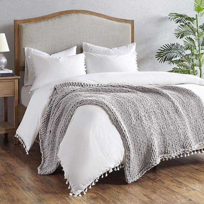 Madison Park Boho Throw, Soft Blanket Handmade Gift Home Decor, Lightweight & Breathable All Seasons Spring Chunky Knit, Knitted Throw for Couch, Bed Blanket, 50"x60" Grey
