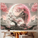 Tree Life Tapestry Aesthetic, Colorful Pink Flowers Sun and Moon Art Tapestry Wall Hanging for Girls Bedroom, Cool Nature Galaxy Yin Yang Anime Tapestries Poster of Dorm Home Decor 71X60 Inches, Pink