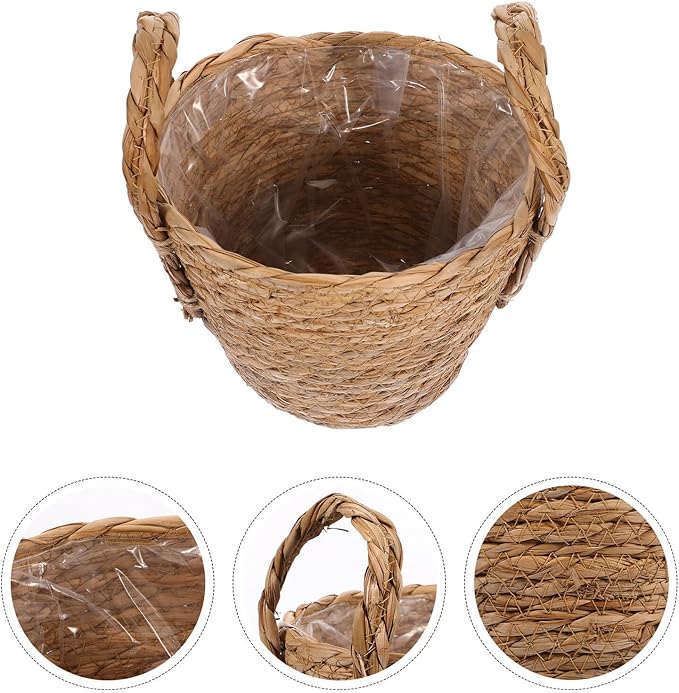 GALPADA Braided Straw Flowerpot Basket with Handles, 16cm Diameter Handmade Planter for Indoor Plants, Boho Retro Style Plant Basket for Home Décor and Greenery
