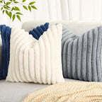 decorUhome Cozy Faux Fur Throw Pillow Covers 20x20 Set of 2 Decorative Soft Plush Striped Modern Farmhouse Boho Couch Pillow Cases with Velvet Back for Sofa Bed Living Room, Blue
