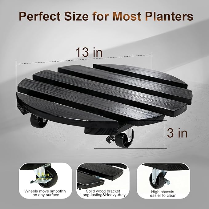 2 Pack Plant Caddy with Wheels 13'' Rolling Plant Stand Indoor Outdoor, Heavy Duty Wooden Plant Stand with Wheels 300Lbs Capacity with 360°Lockable Rolling Base for Pot, Planter, Tray, Patio