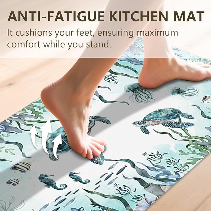 Sea Turtle Rugs for Kitchen Floor, Coastal Beach Anti Fatigue Mats for Kitchen Floor Non Slip, 2PCS Rubber Kitchen Mat, Washable Cushioned Carpet for Sink Laundry Christmas 15.7"×27.5" +15.7"×47"3.5mm