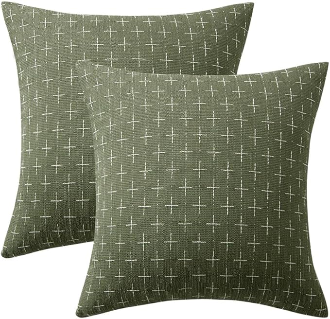 MIULEE Pack of 2 Decorative Burlap Linen Euro Sham Spring Throw Pillow Covers Modern Farmhouse Vintage Pillowcase Rustic Woven Textured Cushion Cover for Sofa Couch Bed 26x26 Inch Olive Green