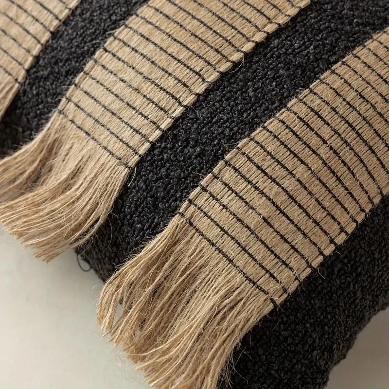 MOCOFO Handwoven Jute Cotton Striped Pillow Covers, Wabi Sabi Boho Farmhouse Decorative Throw Cushion Cover with Fringe, 18x18Inch (Cover Only) (Black/Natural, 18x18) - color: Black/Natural, size: 18" x 18" (Pack of 1)