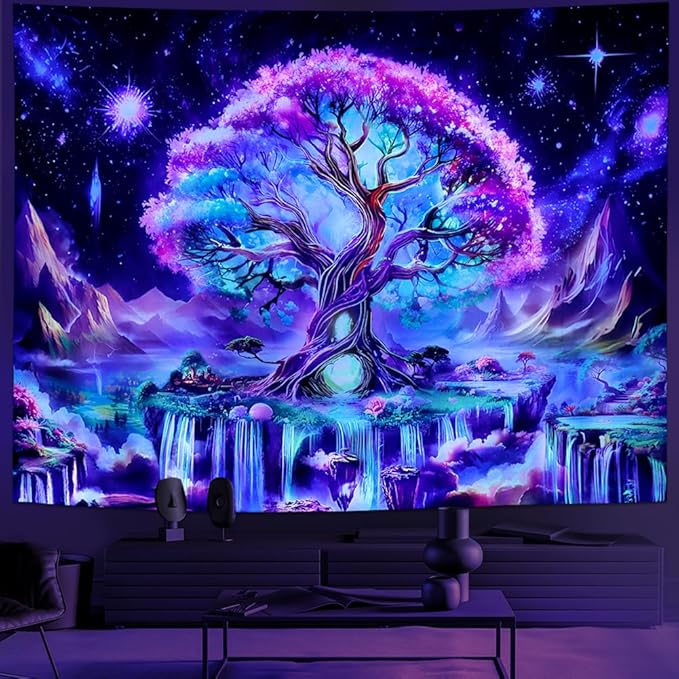 Huzuya Tree of Life Tapestry Blacklight Aesthetic Tree Tapestry UV Reactive Galaxy Space Tapestries Fantasy Waterfall Wall Tapestries Colorful Starry Sky Wall Hanging Decor for Home