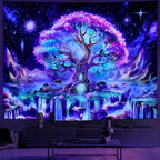 Huzuya Tree of Life Tapestry Blacklight Aesthetic Tree Tapestry UV Reactive Galaxy Space Tapestries Fantasy Waterfall Wall Tapestries Colorful Starry Sky Wall Hanging Decor for Home