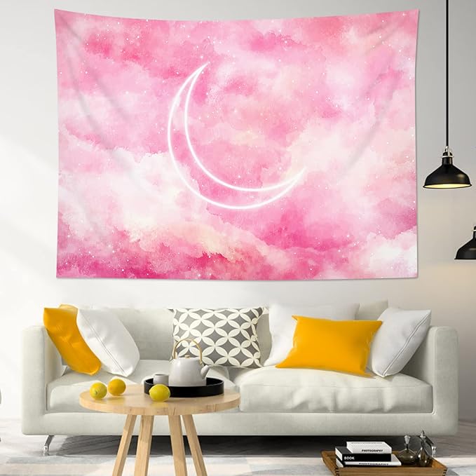 LB Pink Sky Tapestry Fantasy Pink Cloud and Moon Nature Landscape Wall Hanging Colorful Aesthetic Tapestries Wall Blanket for Bedroom Living Room Girl Teen Dorm Party Decor 92.5x70.9 Inches