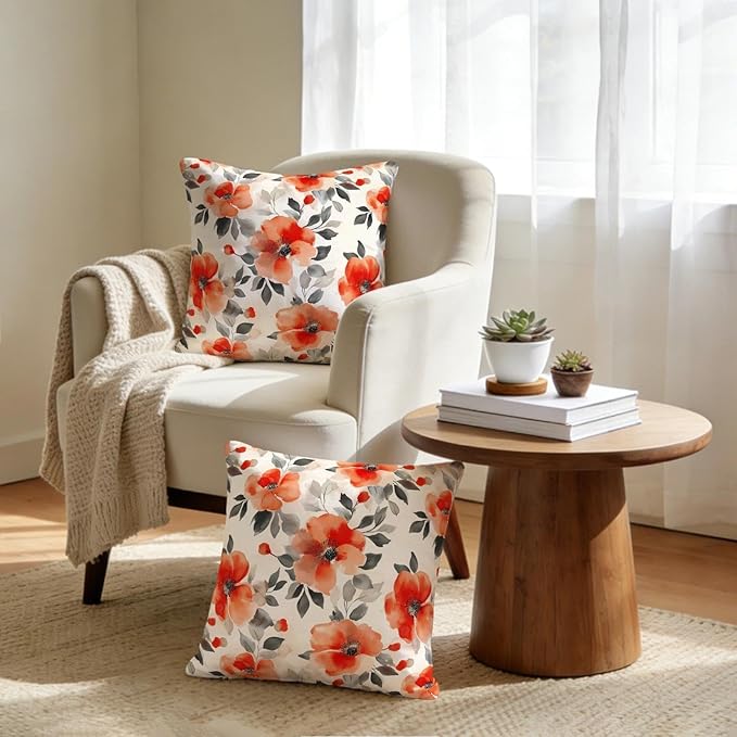 Burnt Orange Watercolor Floral Throw Pillow Covers 18x18 Set of 2, Spring Black Beige Flowers Decorative Pillowcases, Double-Sided Print Cushion Covers for Couch Sofa Bedroom Living Room Spring Decor