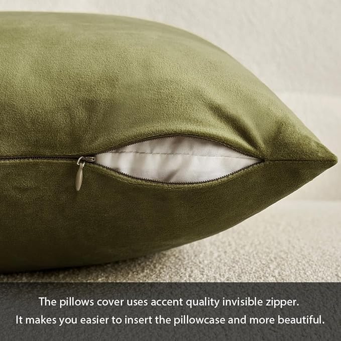 MIULEE 24x24 Inch Euro Sham Velvet Pillow Covers, Set of 2 Large Square Decorative Pillows -Olive Green Super Soft for King Bed, Sofa, Couch, Accent Chairs with Hidden Zipper