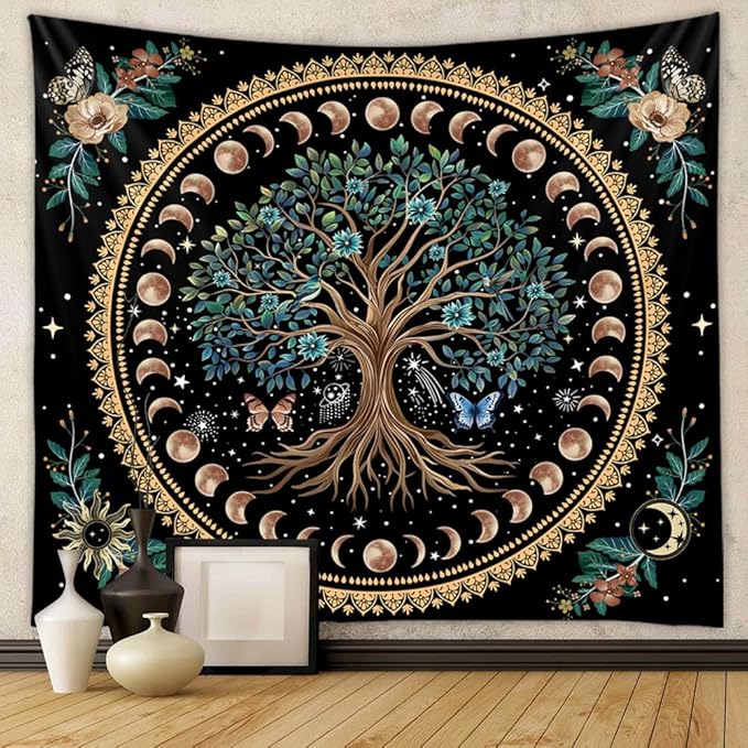 Jhdstore Moon Phase Tree of Life Tapestry Mandala Tapestry for Bedroom Aesthetic Celestial Decor Boho Spiritual Tapestries Wall Hanging Living Room Decor 36"x48"