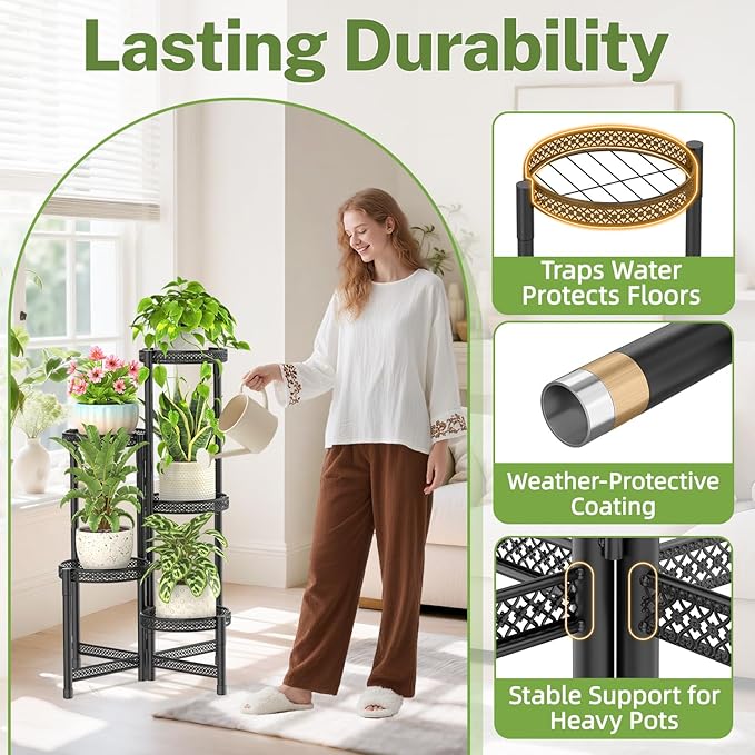iDavosic.ly Plant Stand Indoor Outdoor, 5 Tier Corner Metal Flower Display Holder Shelf, Folding Tall Orchid Rack for Patio Balcony Porch Garden Living Room House, Wrought Iron - Modern Black