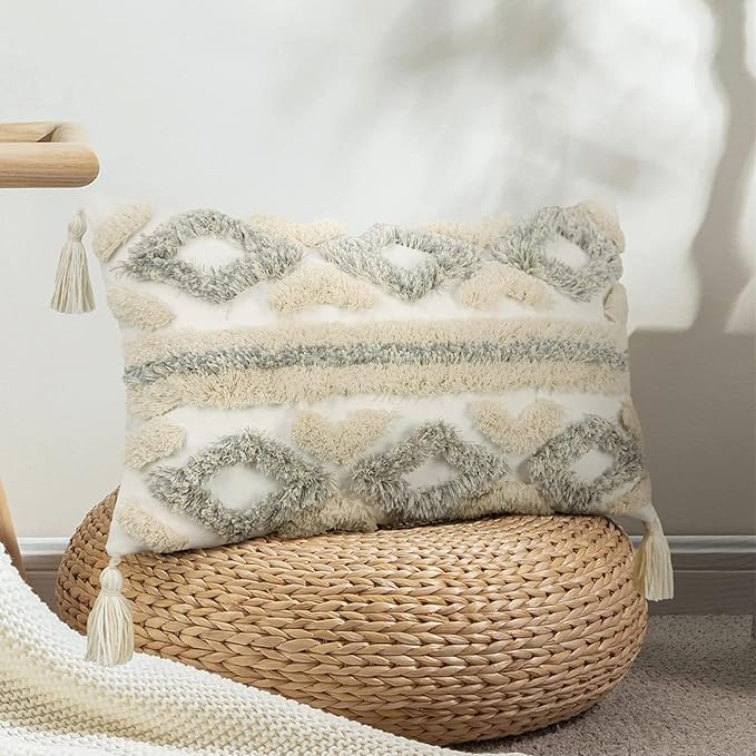 Merrycolor White Grey Boho Throw Pillow Covers 12x20 with Tassels Tufted DecorativeThrow Pillows Neutral Accent Pillowcase Farmhouse Square Cushion Covers for Couch Sofa Bedroom Living Room