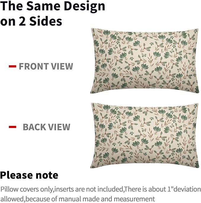 Brown Green Floral Pillow Covers 12x20 Set of 2 Vintage Rustic Old Style Cute Small Flower Print Rectangle Decorative Outdoor Pillowcases Farmhouse Throw Cushion Case Decor for Couch Sofa Bed