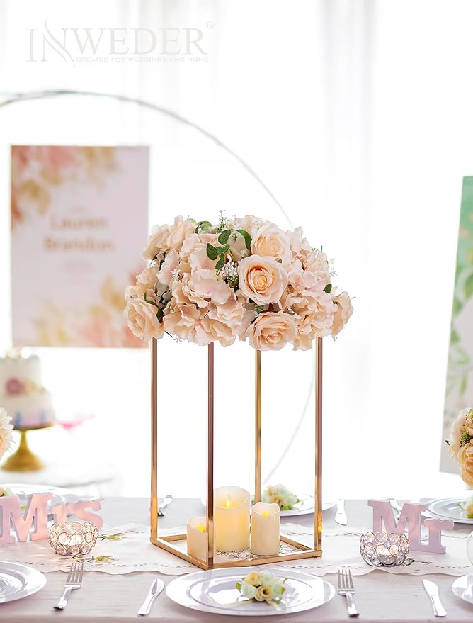 Gold Metal Cube Vase Stand for Wedding Centerpieces, 15.75in Tall, 2 Pcs