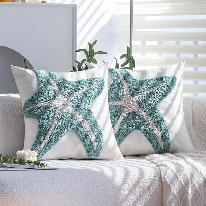 Tufted Starfish Throw Pillow Cover Set of 2, 18x18 Inch Beachy Coastal Decor Pillows for Couch Bed Sofa, Soft Canvas Decorative Pillow Covers with Ocean Theme Accent, Sea Star Tufting Pillowcases
