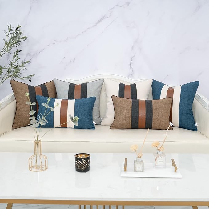 Yangest Patchwork Pillow Cover 18x18 Inch Luxury Cotton and Linen Cushion Cover Faux Leather Pillowcover for Couch Bedroom Living Room, Gray