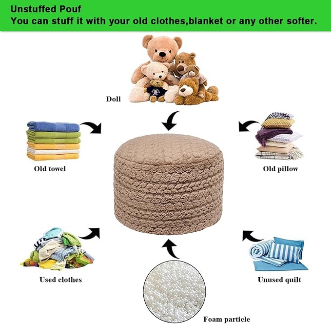 Asuprui 20x14 Inch Unstuffed Ottoman Pouf Cover – Lightweight Foot Rest, Floor Bean Bag Chair, Storage Pouf for Living Room, Bedroom & Balcony (Filler Not Included) (Light Coffee)