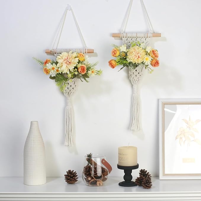 Macrame Wall Hanging, White Cotton Rope with Artificial Dahlia Flowers, 8x23 Inches, Handcrafted Boho Tapestry with LED Lights, Decorative Wall Art for Living Room, Bedroom (Banana Yellow)