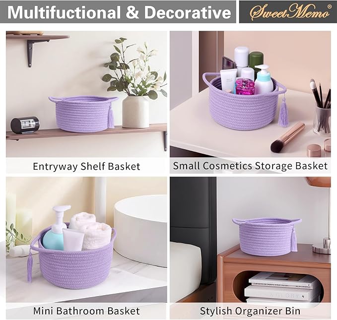 Small Purple Gift Basket Empty to Fill - SweetMemo Cute Woven Rope Organizer Baskets for Baby Shower, Vanity, Makeup, Bathroom, Decoration, Girls Room - Mini Cotton Storage Bins - 2 Pack