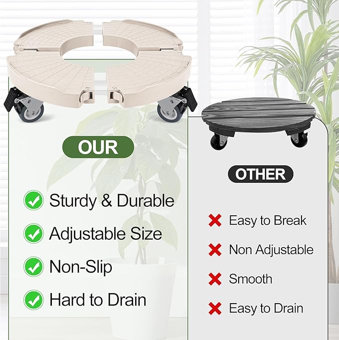 ToLanbbt 4 Pack Plant Caddy Stands with 360° Wheels Adjustable 15-22 in Rolling Stands Heavy Duty Large Plant Carts Dolly with Casters 440lbs Capacity for Large Planter, Garden Pot, Flower Pot, Beige