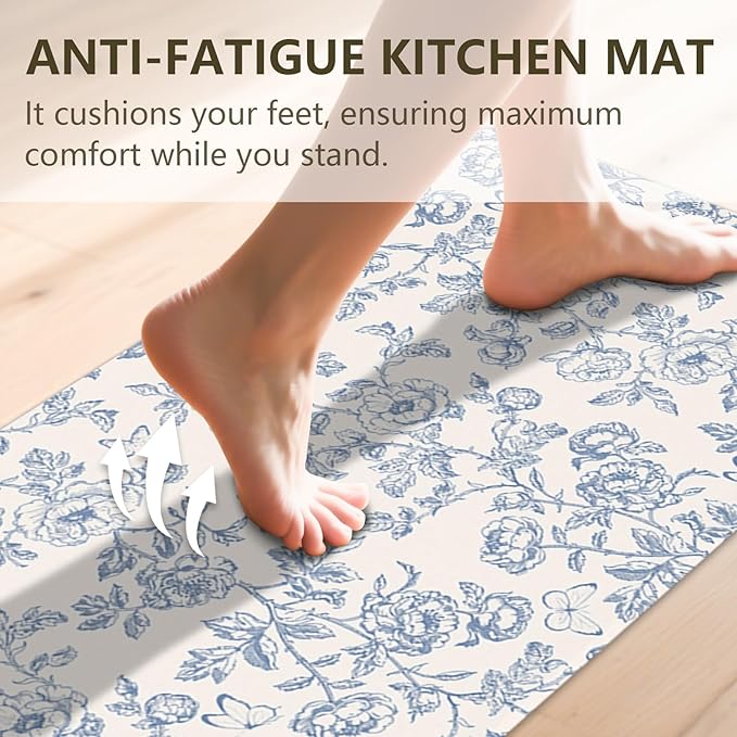 Flower Rugs for Kitchen Floor, 2PCS Anti Fatigue Mats for Kitchen Floor Rubber Non Slip, Washable Cushioned Carpet Rug for Sink Laundry Gifts for Christmas 15.7"×27.5" +15.7"×47" 3.5mm BlueFloral