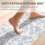 Flower Rugs for Kitchen Floor, 2PCS Anti Fatigue Mats for Kitchen Floor Rubber Non Slip, Washable Cushioned Carpet Rug for Sink Laundry Gifts for Christmas 15.7"×27.5" +15.7"×47" 3.5mm BlueFloral