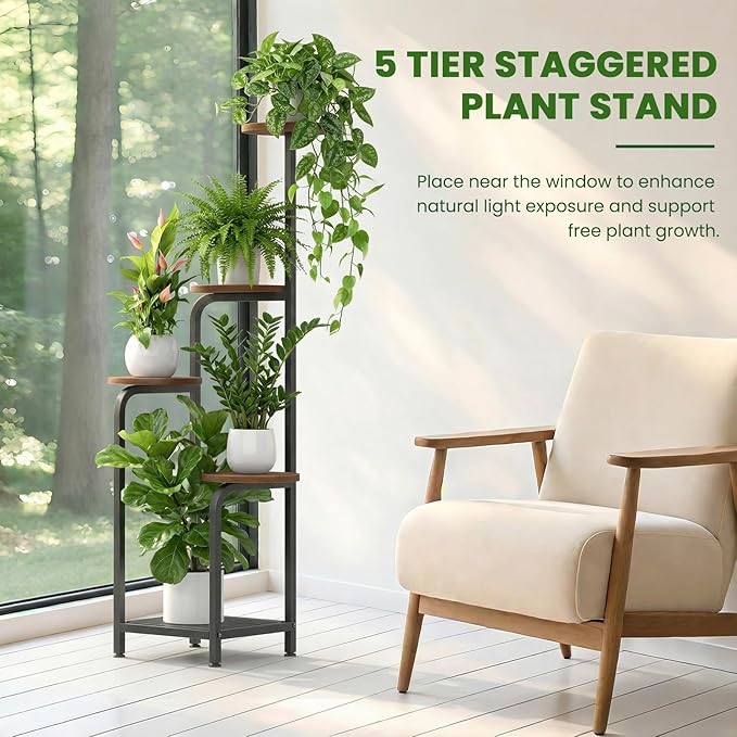 TOSKING 5 Tier Metal Anti-Tip Plant Stand indoor, Wide Base for Pots, Child and Pet Friendly ,Heavy Duty Plant Shelf ,Corner Shelf, Flower Pot Stand for Multiple Plants, Indoor Plants Tiered Stand for Living Room Balcony Garden Patio Bedroom(Black and ...