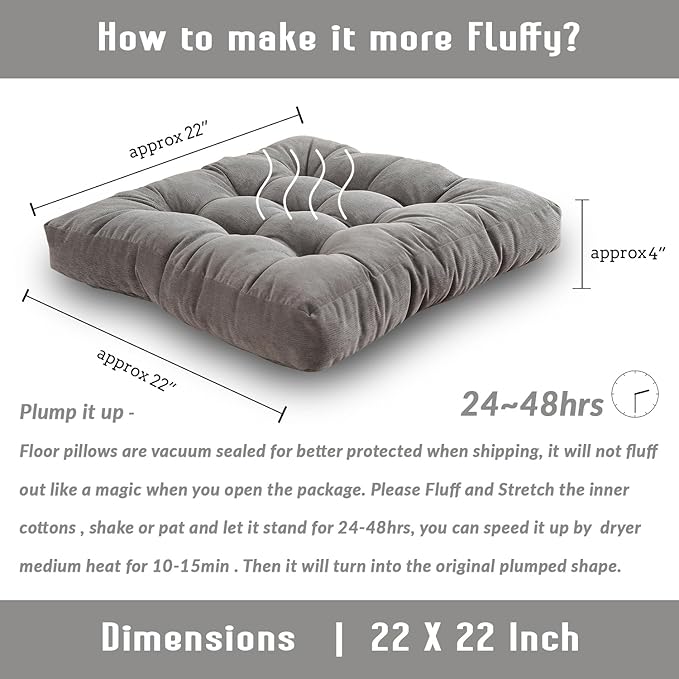Sexysamba Square Floor Seat Pillows Cushions 22" x 22", Soft Thicken Yoga Meditation Cushion Pouf Tufted Corduroy Tatami Floor Pillow Reading Cushion Chair Pad Casual Seating for Adults & Kids, Grey