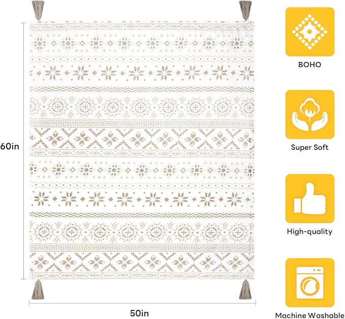 MACEVIA Flannel Boho Blanket for Couch, Country Western Aztec Blanket for Home Decor, Southwestern Throw Blankets with Tassel, Soft Cozy Printed Bohemian Blankets for Bed (Boho Beige02, 50x60inches)