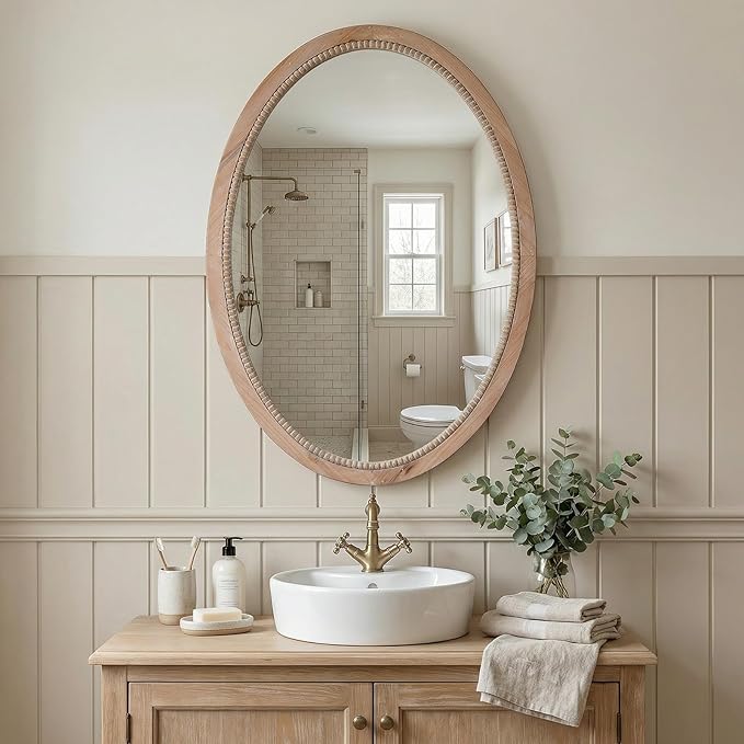 sawsile Oval Wood Mirror,20x30 inch Rustic Farmhouse Natural Wooden Frame Boho Beads Wall Mirror for Bathroom,Living Room,Bedroom or Entryway
