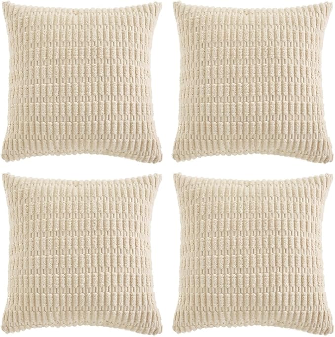 Fancy Homi 4 Packs Boho Cream Decorative Throw Pillow Covers 24x24 Inch for Living Room Couch Bed Sofa, Rustic Modern Farmhouse Home Decor, Soft Plush Corduroy Beige Cute Square Cushion Case 60x60 cm