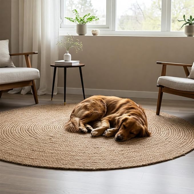 Premium Round Jute Rug 4ft - Handwoven 4 Foot Braided Ratan Rug for Living Room, Kitchen, Entryway & Bedroom | Natural Boho Decor